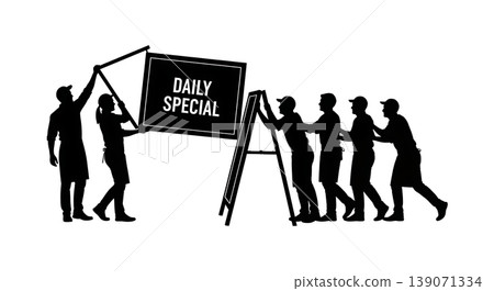 Black Solid Baristas Holding Chalkboard Sign Silhouettes Set of Six on White Background Black Solid Baristas Holding Chalkboard Sign Silhouettes Set of Six on White Background 139071334