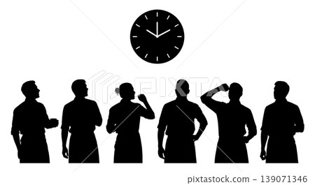 Black Solid Baristas Checking Clock Silhouettes Set of Six on White Background Black Solid Baristas Checking Clock Silhouettes Set of Six on White Background 139071346