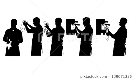 Black Solid Baristas Cleaning Steam Wand Silhouettes Set of Six on White Background 139071356