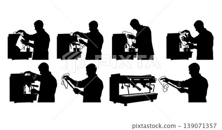 Black Solid Baristas Cleaning Steam Wand Silhouettes Set of Six on White Background Black Solid Baristas Cleaning Steam Wand Silhouettes Set of Six on White Background 139071357