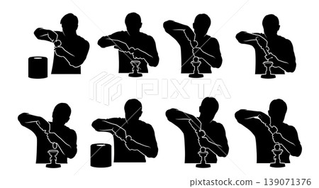 Black Solid Baristas Using Knock Box Silhouettes Set of Six on White Background Black Solid Baristas Using Knock Box Silhouettes Set of Six on White Background 139071376