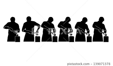 Black Solid Baristas Using Knock Box Silhouettes Set of Six on White Background Black Solid Baristas Using Knock Box Silhouettes Set of Six on White Background 139071378
