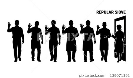 Black Solid Baristas Waving Hello Silhouettes Set of Six on White Background Black Solid Baristas Waving Hello Silhouettes Set of Six on White Background 139071391