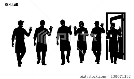 Black Solid Baristas Waving Hello Silhouettes Set of Six on White Background Black Solid Baristas Waving Hello Silhouettes Set of Six on White Background 139071392
