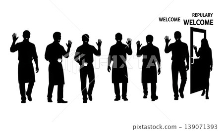 Black Solid Baristas Waving Hello Silhouettes Set of Six on White Background Black Solid Baristas Waving Hello Silhouettes Set of Six on White Background 139071393