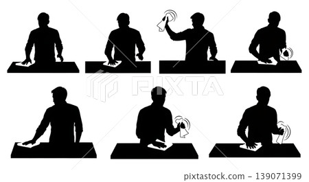 Black Solid Baristas Wiping Counter Silhouettes Set of Six on White Background 139071399
