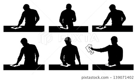 Black Solid Baristas Wiping Counter Silhouettes Set of Six on White Background 139071402