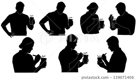 Black Solid Baristas Writing on Cups Silhouettes Set of Six on White Background Black Solid Baristas Writing on Cups Silhouettes Set of Six on White Background 139071408