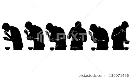 Black Solid Baristas Cupping Coffee Silhouettes Set of Six on White Background 139071426