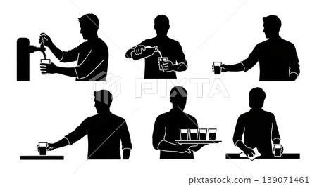 Black Solid Baristas Filling Water Silhouettes Set of Six on White Background Black Solid Baristas Filling Water Silhouettes Set of Six on White Background 139071461