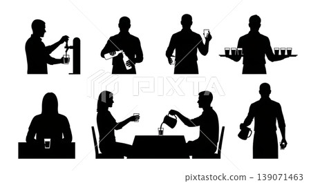 Black Solid Baristas Filling Water Silhouettes Set of Six on White Background 139071463
