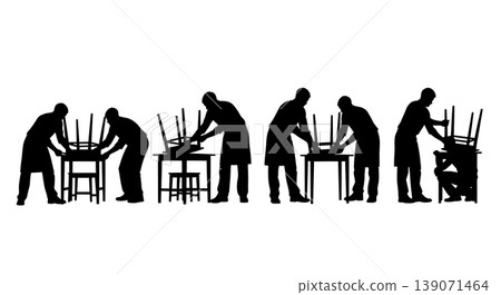 Black Solid Baristas Fixing Table Silhouettes Set of Six on White Background 139071464