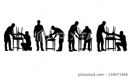 Black Solid Baristas Fixing Table Silhouettes Set of Six on White Background 139071466