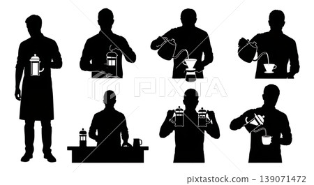 Black Solid Baristas French Press Silhouettes Set of Six on White Background 139071472
