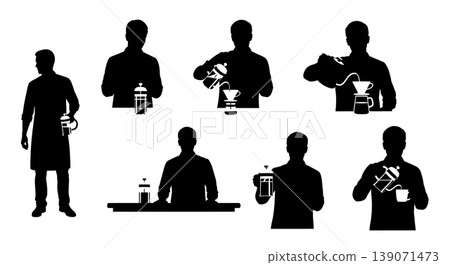 Black Solid Baristas French Press Silhouettes Set of Six on White Background Black Solid Baristas French Press Silhouettes Set of Six on White Background 139071473