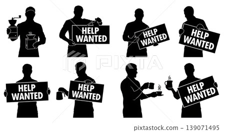Black Solid Baristas Help Wanted Sign Silhouettes Set of Six on White Background Black Solid Baristas Help Wanted Sign Silhouettes Set of Six on White Background 139071495