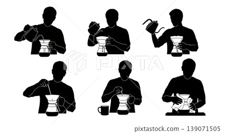 Black Solid Baristas Holding Chemex Silhouettes Set of Six on White Background Black Solid Baristas Holding Chemex Silhouettes Set of Six on White Background 139071505