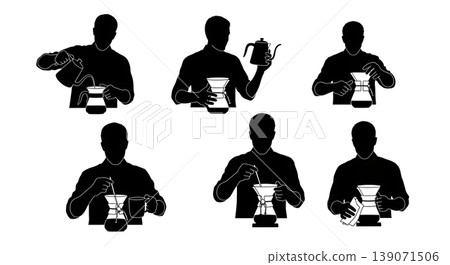 Black Solid Baristas Holding Chemex Silhouettes Set of Six on White Background Black Solid Baristas Holding Chemex Silhouettes Set of Six on White Background 139071506