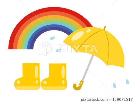 A rainbow after the rain, a yellow umbrella, and rain boots – images of the rainy season. A rainbow after the rain, a yellow umbrella, and rain boots – images of the rainy season. 139071517