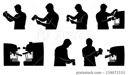 Black Solid Baristas Locking Portafilter Silhouettes Set of Six on White Background Black Solid Baristas Locking Portafilter Silhouettes Set of Six on White Background 139071533