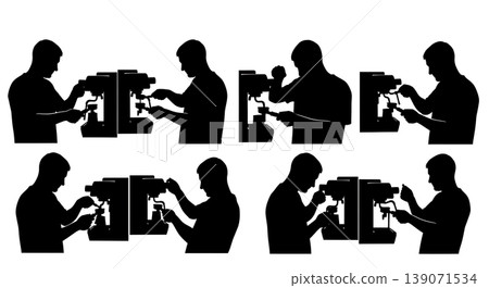 Black Solid Baristas Locking Portafilter Silhouettes Set of Six on White Background 139071534