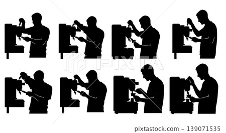 Black Solid Baristas Locking Portafilter Silhouettes Set of Six on White Background Black Solid Baristas Locking Portafilter Silhouettes Set of Six on White Background 139071535