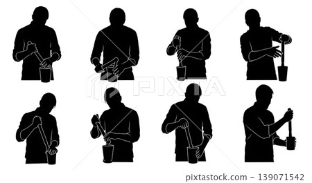 Black Solid Baristas Muddling Ingredients Silhouettes Set of Six on White Background Black Solid Baristas Muddling Ingredients Silhouettes Set of Six on White Background 139071542