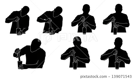 Black Solid Baristas Muddling Ingredients Silhouettes Set of Six on White Background Black Solid Baristas Muddling Ingredients Silhouettes Set of Six on White Background 139071543