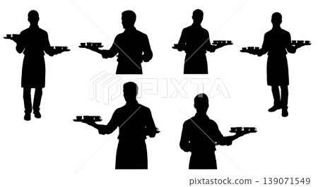 Black Solid Baristas Offering Samples Silhouettes Set of Six on White Background Black Solid Baristas Offering Samples Silhouettes Set of Six on White Background 139071549