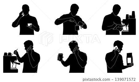Black Solid Baristas Taking Phone Order Silhouettes Set of Six on White Background 139071572