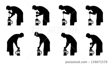 Black Solid Baristas Plunging French Press Silhouettes Set of Six on White Background Black Solid Baristas Plunging French Press Silhouettes Set of Six on White Background 139071579
