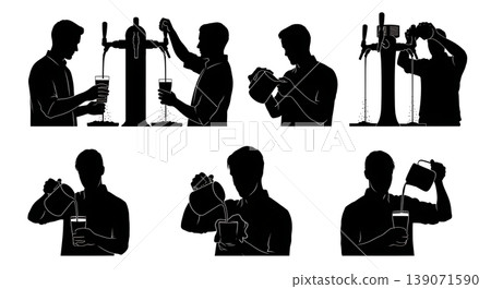 Black Solid Baristas Pouring Cold Brew Silhouettes Set of Six on White Background 139071590