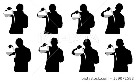 Black Solid Baristas Pouring Milk Gallon Silhouettes Set of Six on White Background Black Solid Baristas Pouring Milk Gallon Silhouettes Set of Six on White Background 139071598