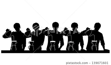 Black Solid Baristas Pour Over Kettle Silhouettes Set of Six on White Background 139071601