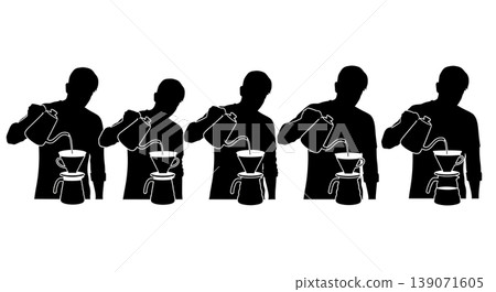 Black Solid Baristas Pour Over Kettle Silhouettes Set of Six on White Background 139071605
