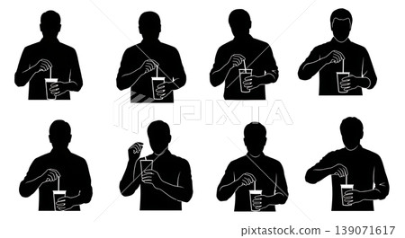 Black Solid Baristas Putting Straw Silhouettes Set of Six on White Background Black Solid Baristas Putting Straw Silhouettes Set of Six on White Background 139071617