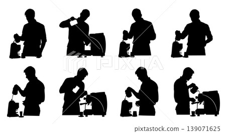 Black Solid Baristas Refilling Water Tank Silhouettes Set of Six on White Background Black Solid Baristas Refilling Water Tank Silhouettes Set of Six on White Background 139071625