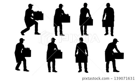 Black Solid Baristas Restocking Milk Silhouettes Set of Six on White Background Black Solid Baristas Restocking Milk Silhouettes Set of Six on White Background 139071631