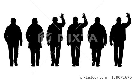 Black Solid Agents Waving Goodbye Silhouettes Set of Six on White Background Black Solid Agents Waving Goodbye Silhouettes Set of Six on White Background 139071670