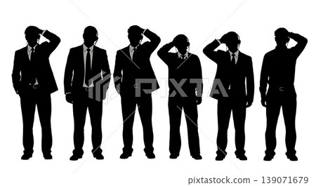 Black Solid Agents Wiping Sweat Silhouettes Set of Six on White Background 139071679