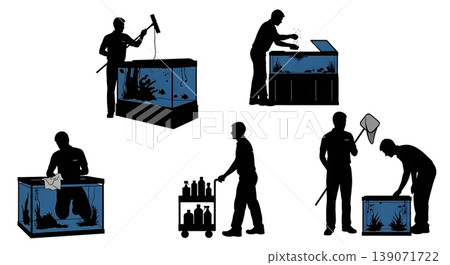 Black Solid Aquarium Showroom Staff Feeding Fish Set of Six on White Background Black Solid Aquarium Showroom Staff Feeding Fish Set of Six on White Background 139071722