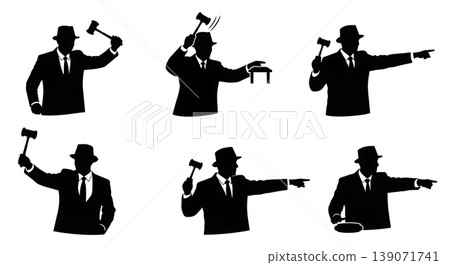Black Solid Auctioneer Sales Gavel Action Set of Six on White Background Black Solid Auctioneer Sales Gavel Action Set of Six on White Background 139071741