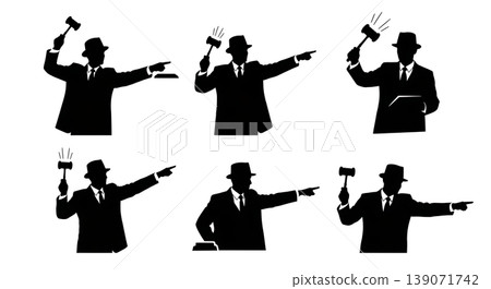 Black Solid Auctioneer Sales Gavel Action Set of Six on White Background 139071742