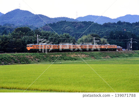 2007 年:一列 4 節車廂的 113 系列地方列車正在草津線上運行。 2007 年:一列 4 節車廂的 113 系列地方列車正在草津線上運行。 139071788
