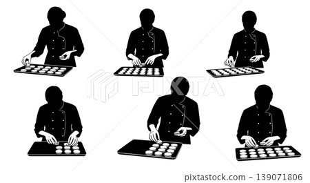 Black Solid Bakers Arranging Macarons Set of Six on White Background Black Solid Bakers Arranging Macarons Set of Six on White Background 139071806