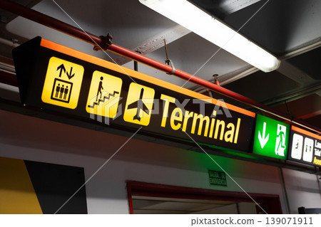 Airport terminal directional sign with icons for elevator, stairs, airplane, and pedestrian access in a modern facility Airport terminal directional sign with icons for elevator, stairs, airplane, and pedestrian access in a modern facility 139071911