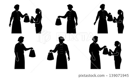 Black Solid Bakers Handing Bags to Customers Set of Six on White Background Black Solid Bakers Handing Bags to Customers Set of Six on White Background 139071945
