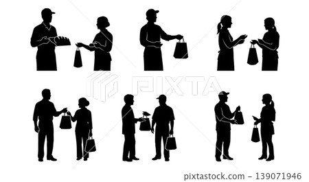 Black Solid Bakers Handing Bags to Customers Set of Six on White Background Black Solid Bakers Handing Bags to Customers Set of Six on White Background 139071946