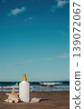 Sunscreen bottle placed on sandy beach with seashells and ocean waves under a clear blue sky during a sunny day 139072067