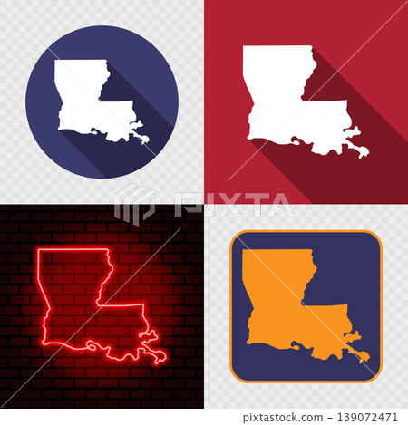 Louisiana State Map Icons Set, USA Silhouette Collection in Flat, Minimal and Neon Styles. Louisiana State Map Icons Set, USA Silhouette Collection in Flat, Minimal and Neon Styles. 139072471